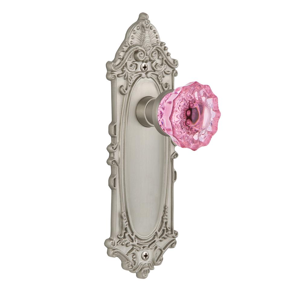 Nostalgic Warehouse VICCRP Colored Crystal Victorian Plate Passage Crystal Pink Glass Door Knob in Satin Nickel